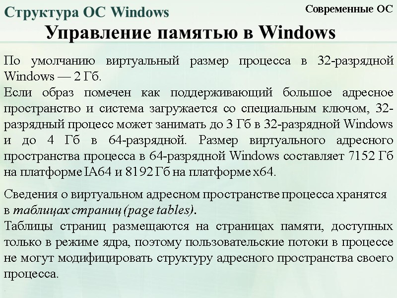 Управление памятью в Windows Современные ОС Структура ОС Windows По умолчанию виртуальный размер процесса